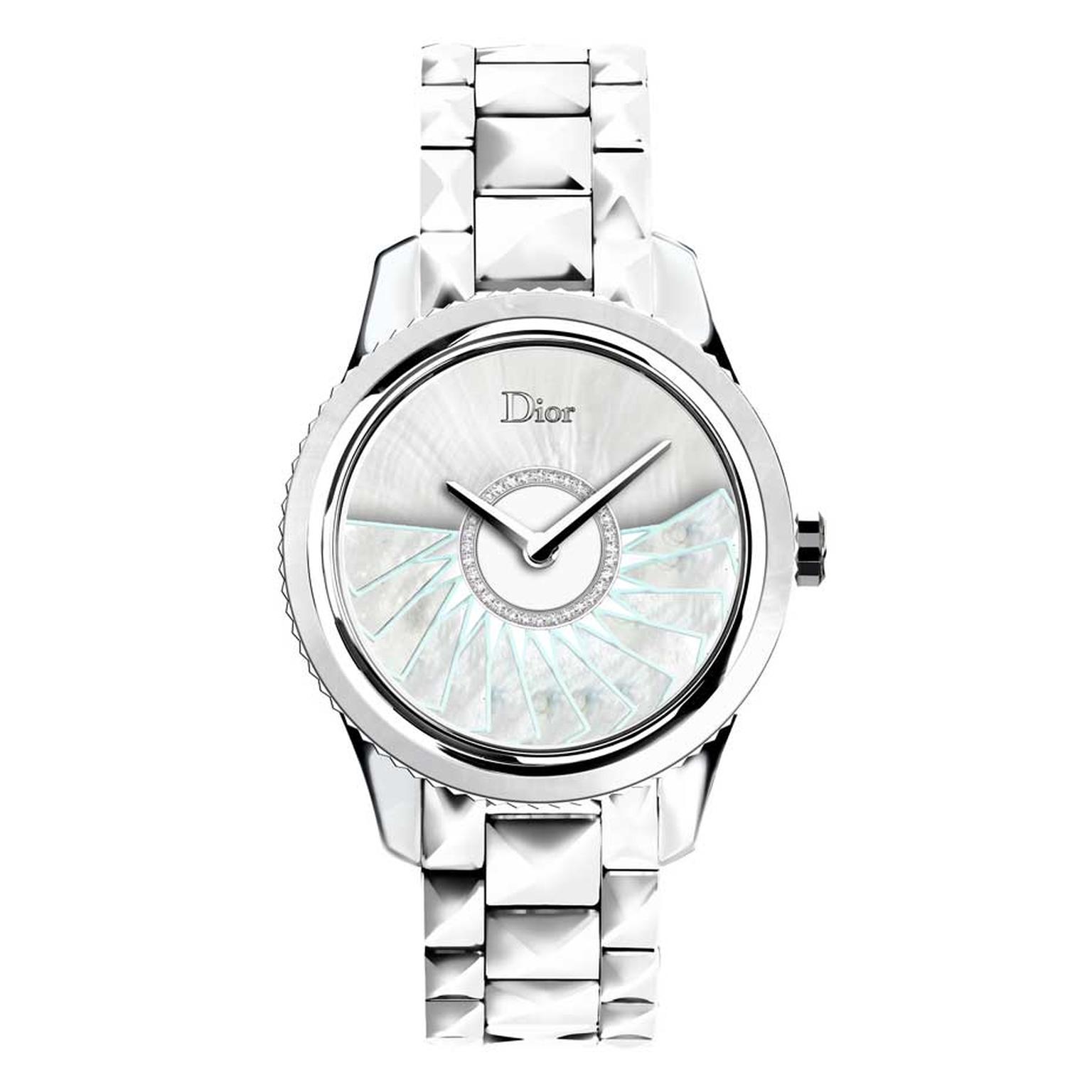 The Dior VIII Grand Bal Plissé Soleil watch in pale blue is available in a limited edition of 188 pieces. The oscillating weight mirrors the 'sweep' of a classic Dior ball gown.
