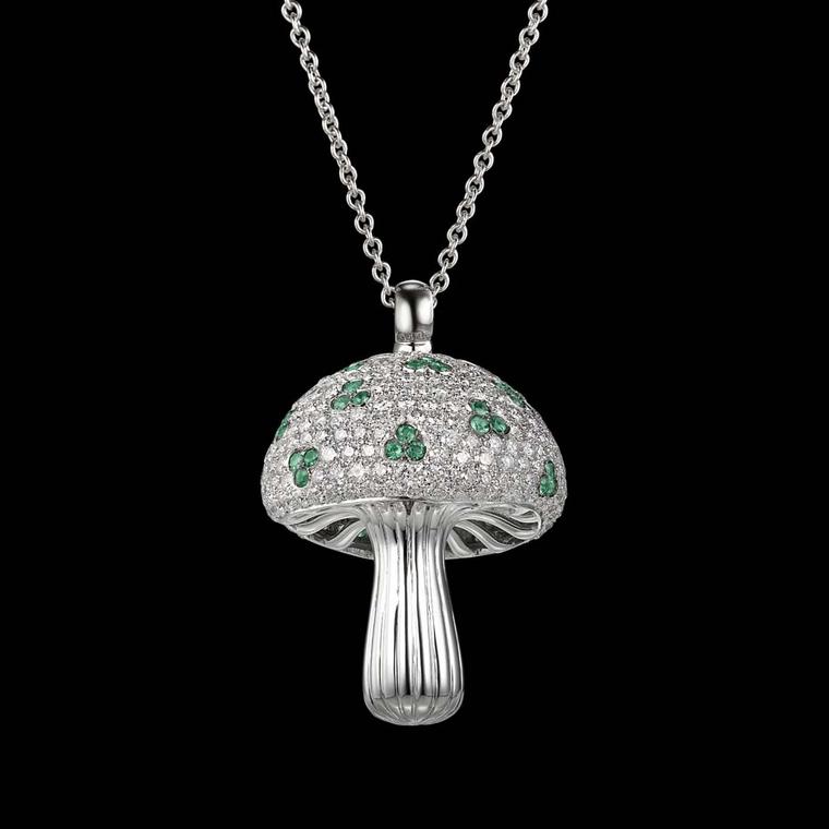 Hidden inside the world's most expensive chocolate egg is the Shawish Dandy Emerald Magic Mushroom pendant in white gold, set with diamonds and emeralds