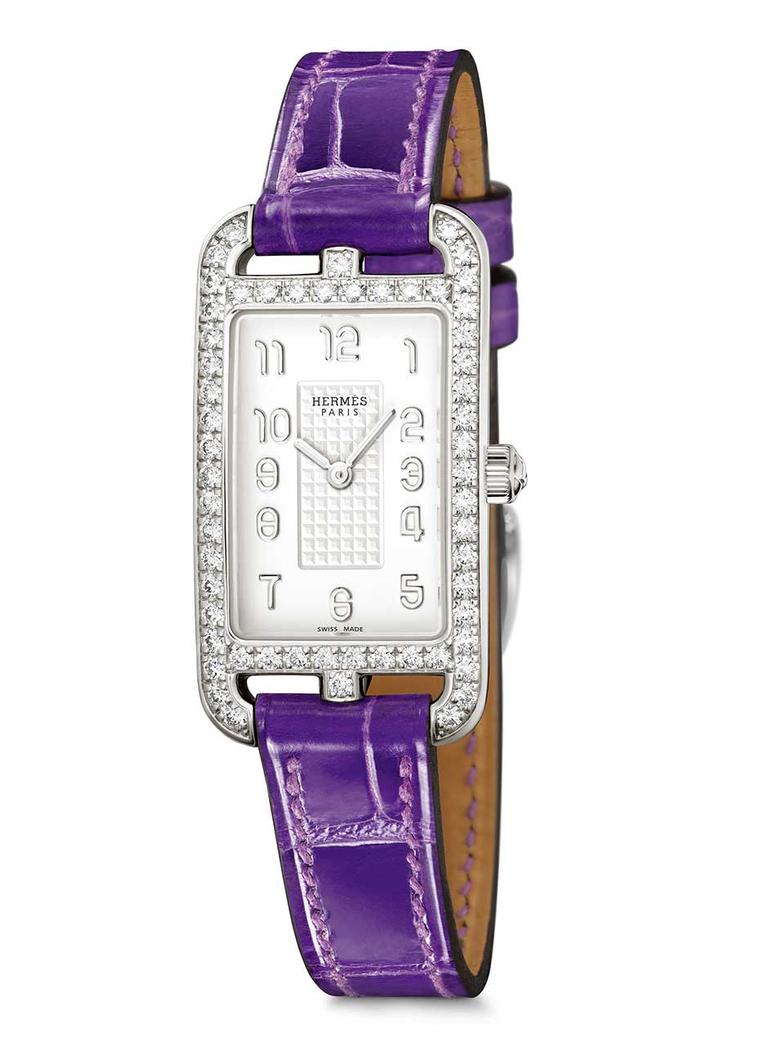 The new Hermès Cape Cod Nantucket Silver watch with diamonds, with an ultraviolet leather strap. This year, Hermès launches its first women's watches using silver instead of stainless steel, which are designed to age gracefully