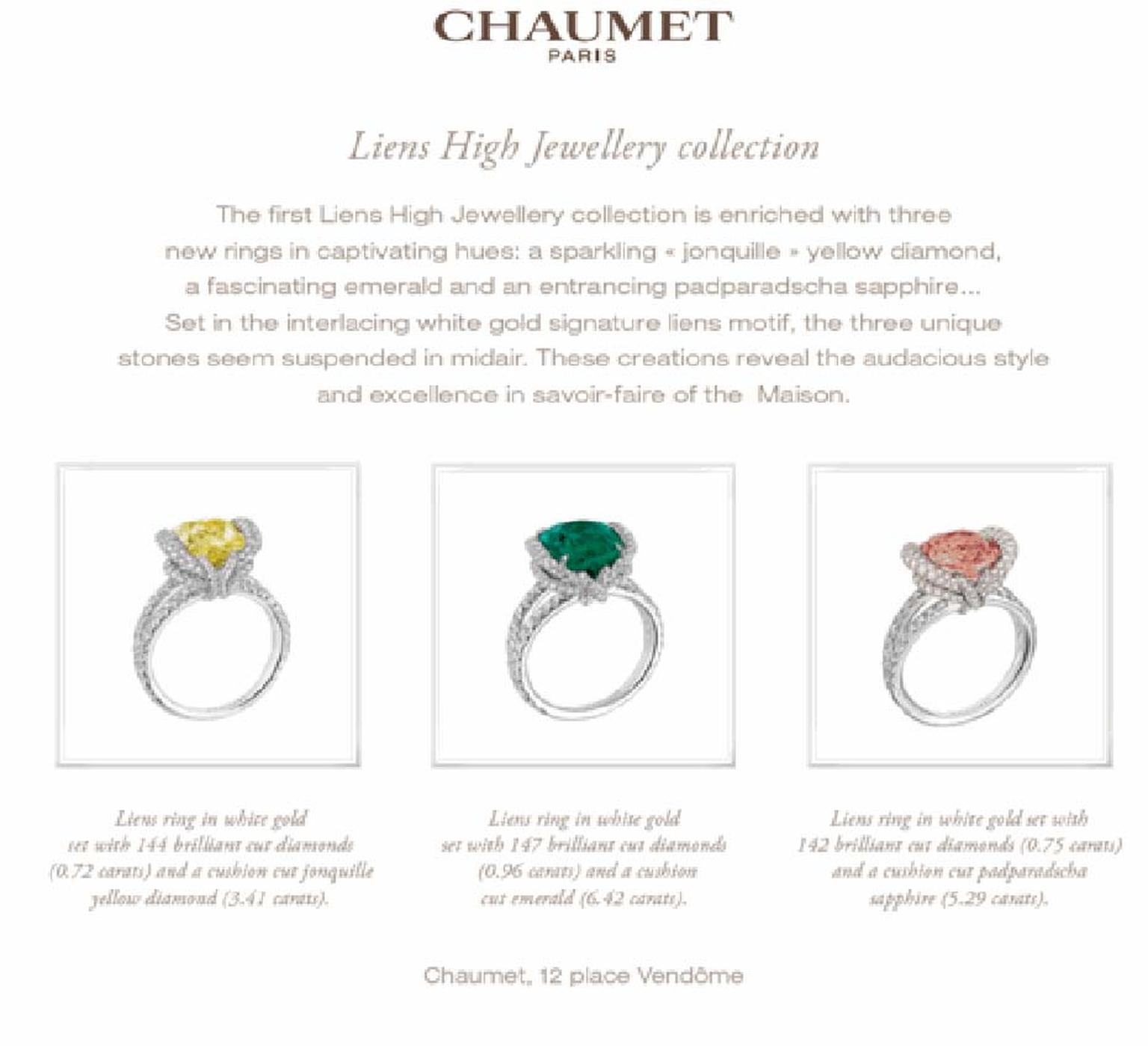 Chaumet Liens ring in white gold featuring 147 brilliant-cut diamonds and a cushion-cut emerald (6.42ct).