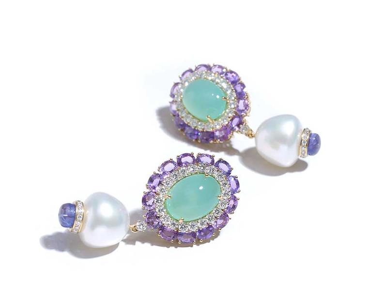 Farah Khan gold earrings featuring diamonds, sapphires (11.85ct), chrysoprase (14.85ct), South Sea pearls (44.37ct) and tanzanite (3.36ct).