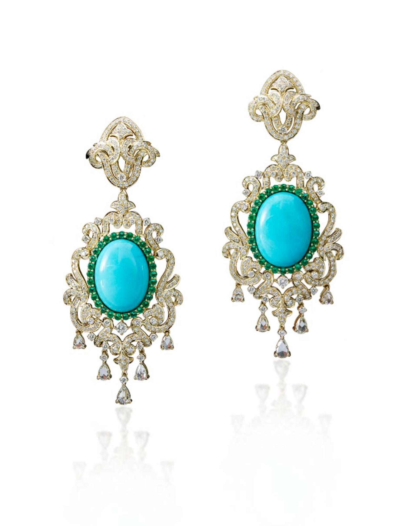 Farah Khan gold earrings featuring diamonds, emeralds and turquoise.