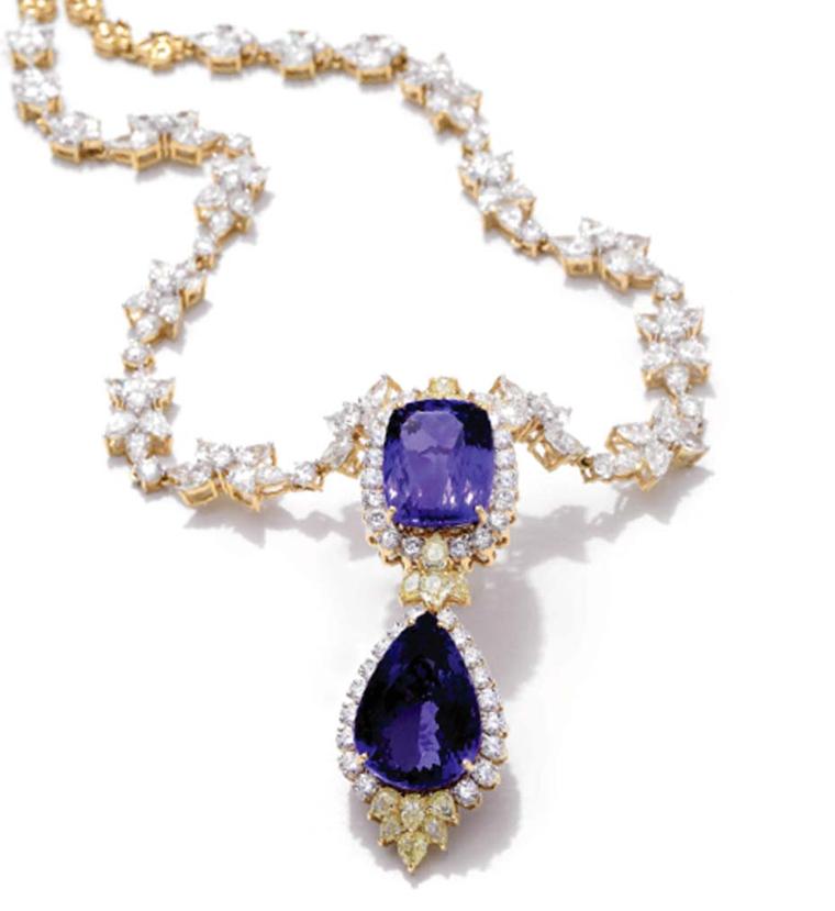Farah Khan gold necklace featuring diamonds and amethyst.