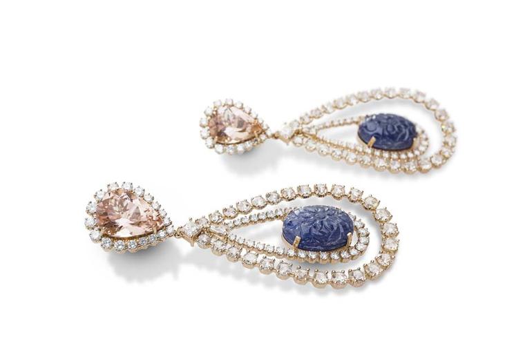 Farah Khan gold earrings featuring diamonds (11.59ct), morganite (11.59ct) and sapphires (34.81ct).