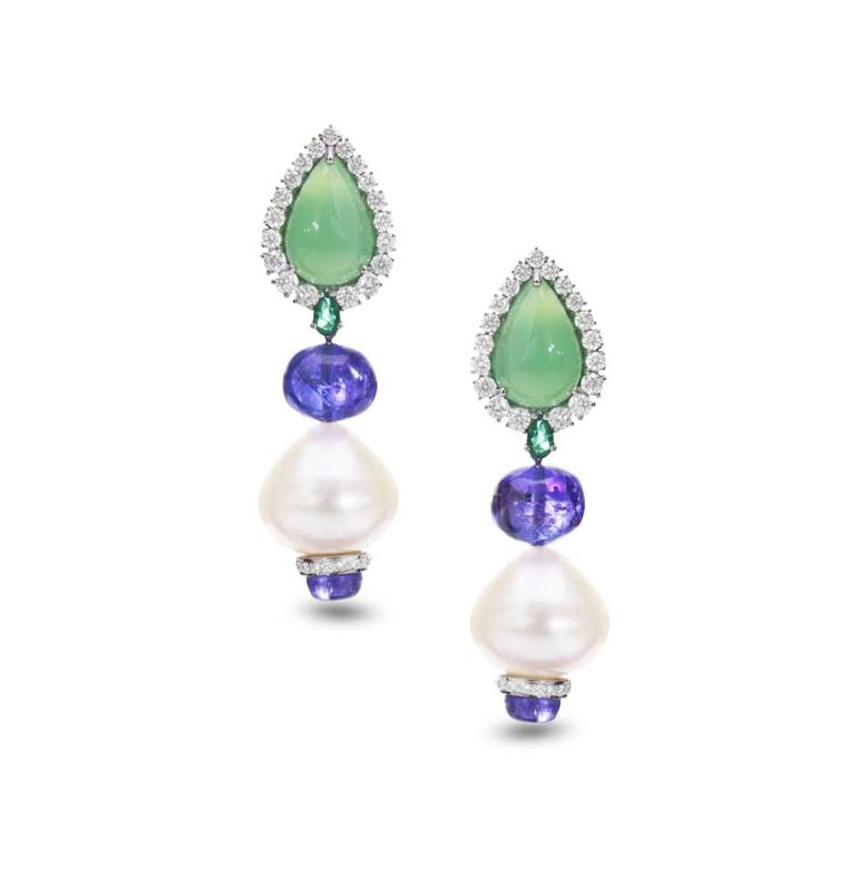 Farah Khan gold earrings featuring diamonds, emeralds, chrysoprase (10.63ct), tanzanites (24.78ct) and South Sea pearls (53.83ct).