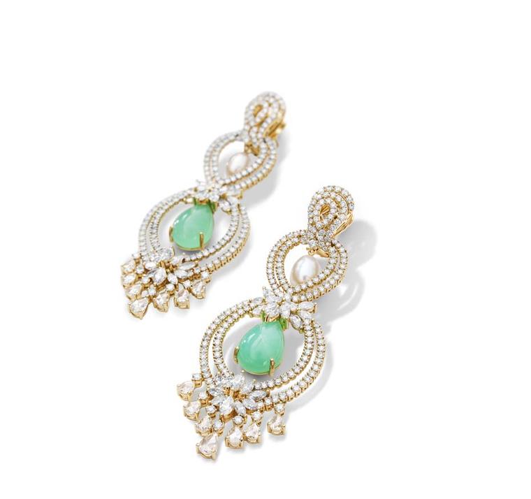 Farah Khan earrings in gold with diamonds, chrysoprase and South Sea pearls.