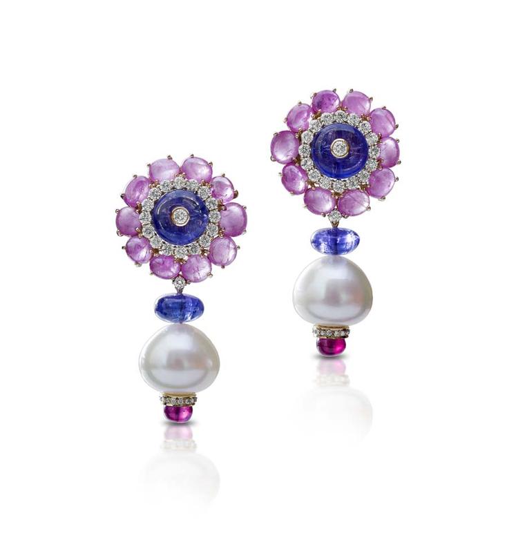 Farah Khan gold earrings featuring diamonds, tanzanites (16.66ct), sapphires (23.79ct), rubies (3.07ct) and South Sea pearls (55.93ct).