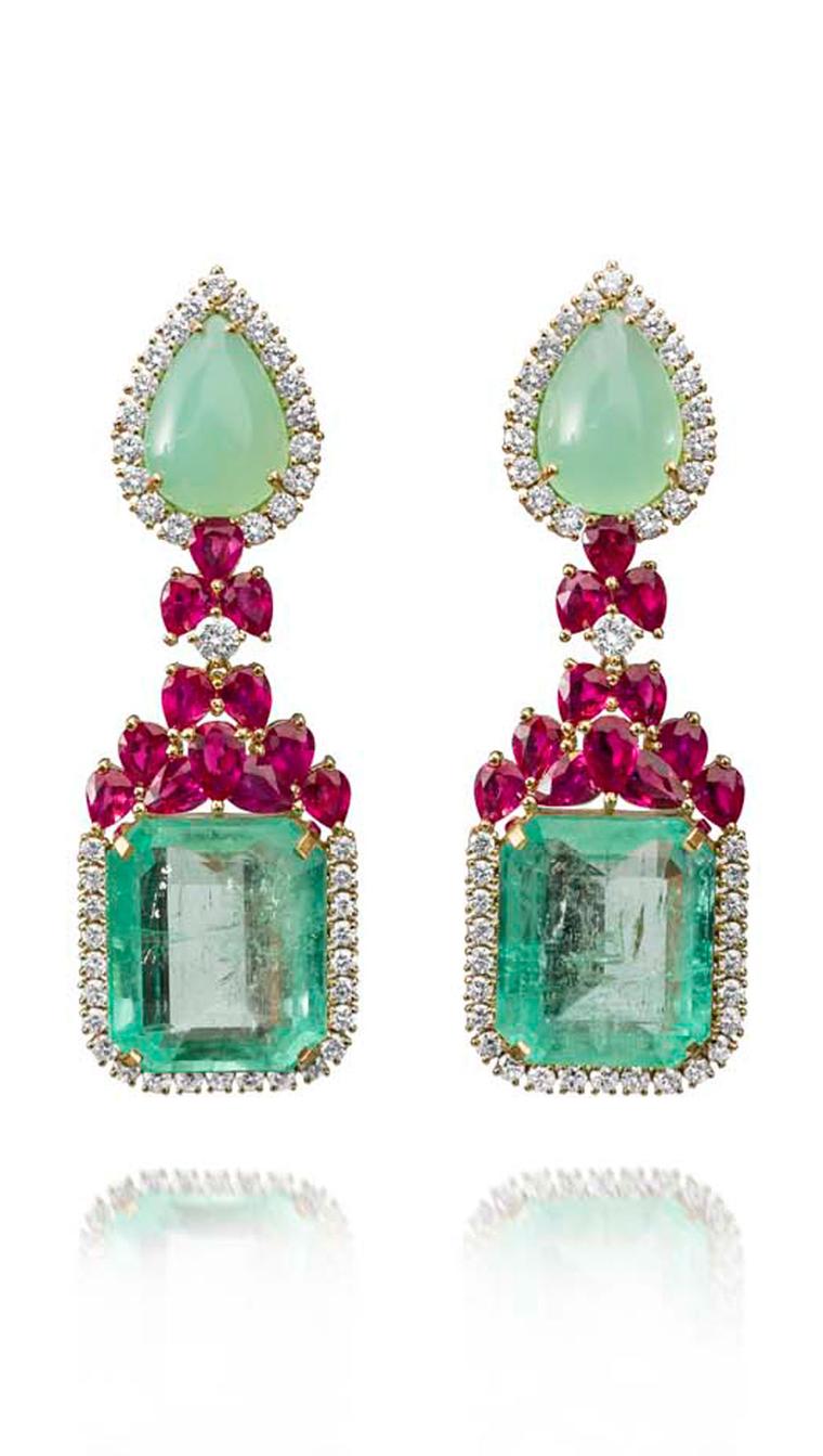 Farah Khan gold earrings featuring diamonds (3.46ct), rubies (9.02ct), chrysoprase (14.22ct) and emeralds (43.97ct).
