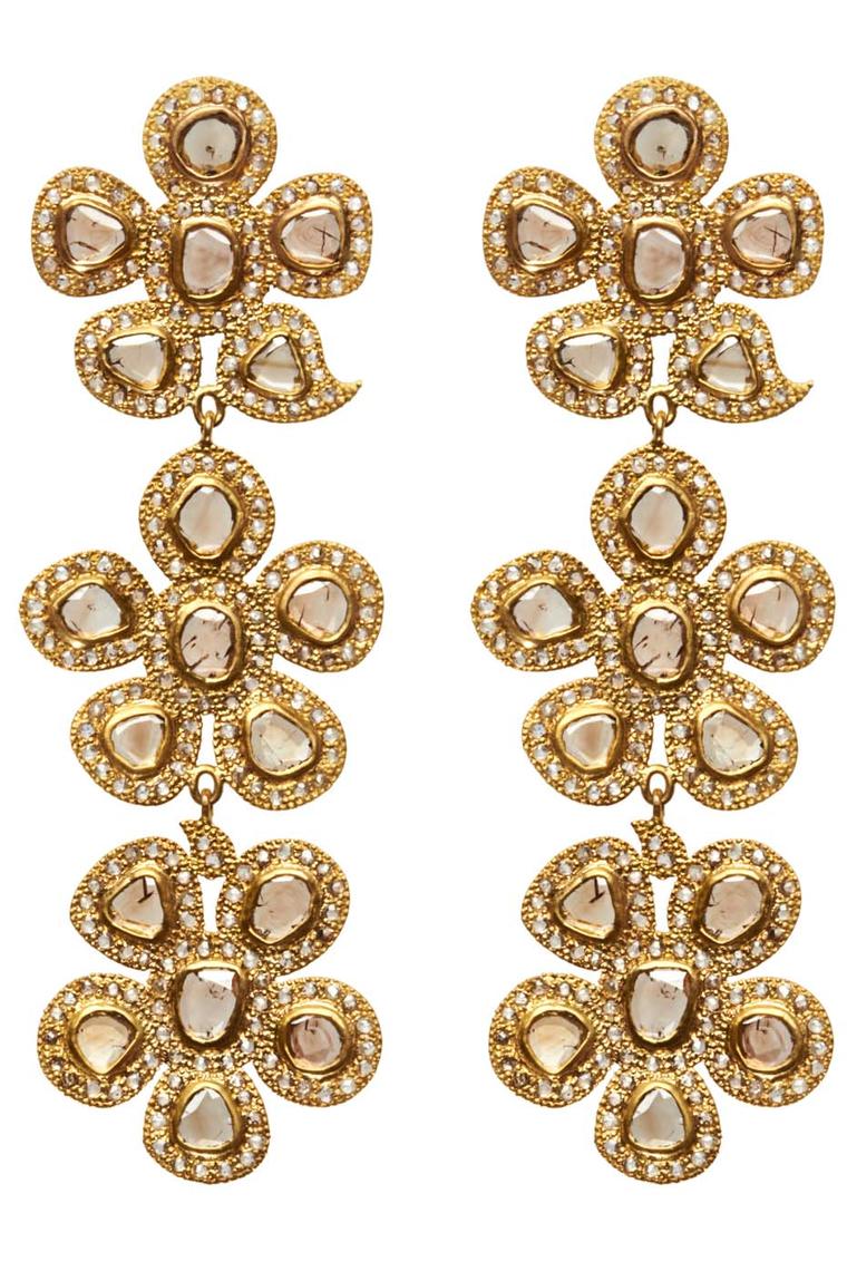 Coomi Three Drop Flower earrings in gold with diamonds.