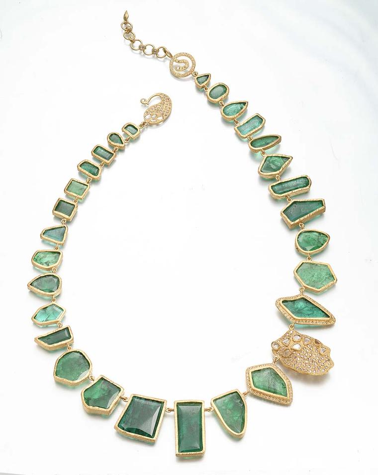 Coomi Antiquity necklace in gold with emerald slices and diamonds.