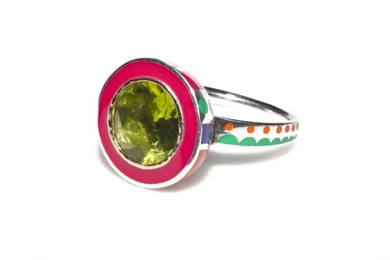 Alice Cicolini Memphis ring with a centre peridot is made with Fairtrade silver and gold.