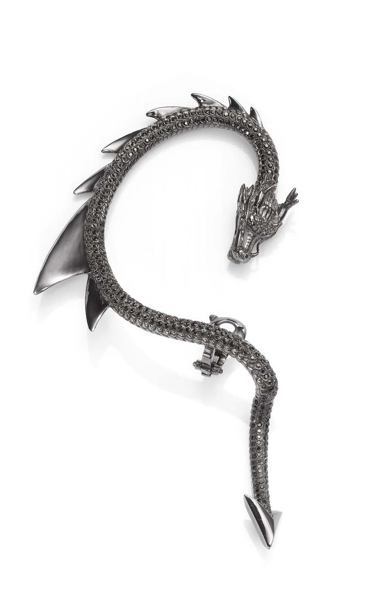 Crow’s Nest Maleficent Collection Dragon ear cuff set in rhodium with black diamonds