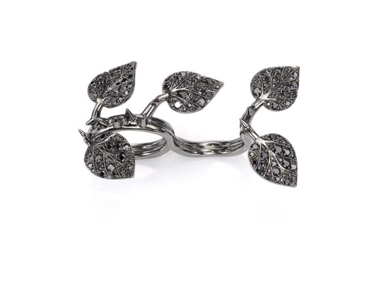 Crow’s Nest Maleficent Collection Thorn ring set with rhodium and black diamonds.