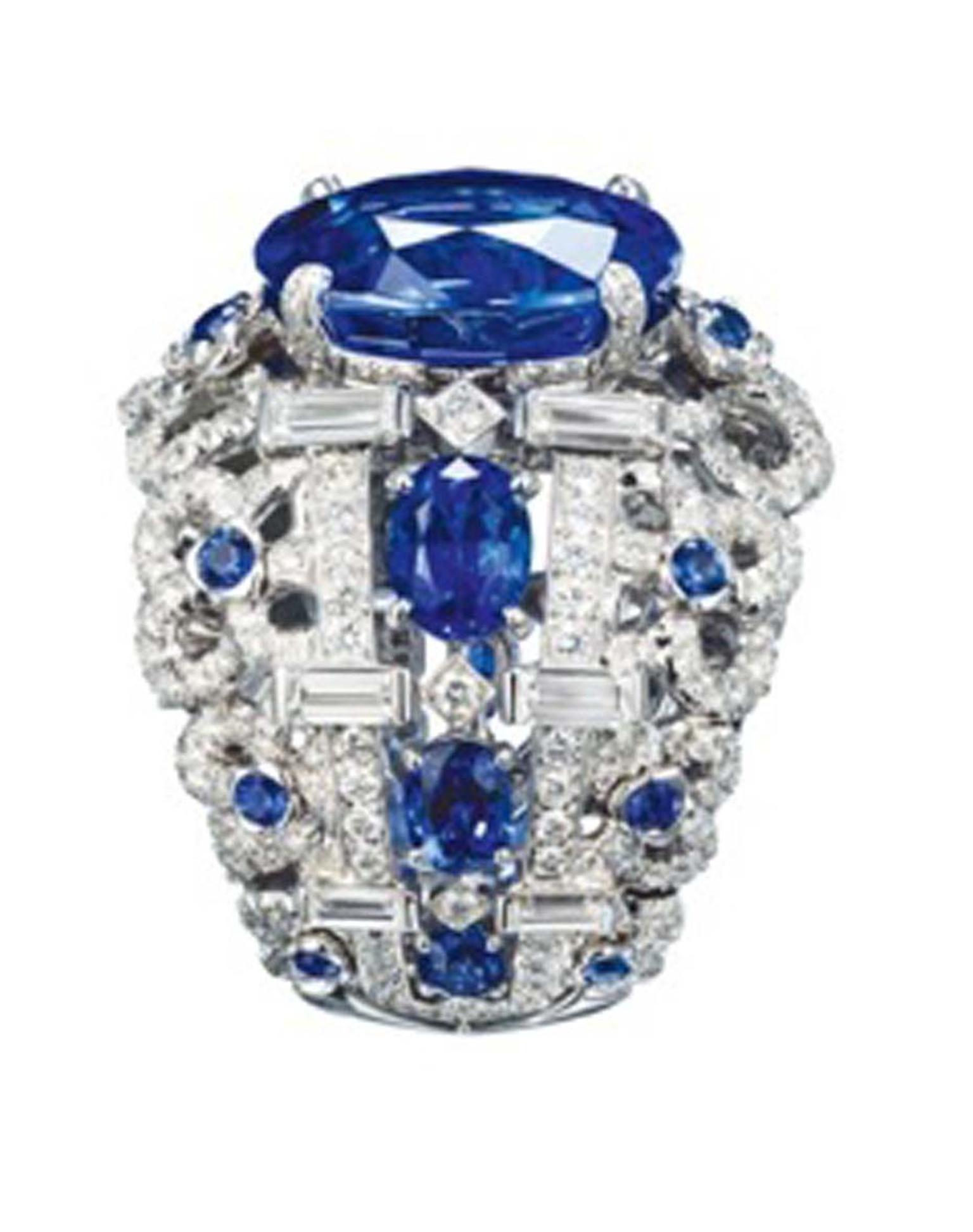 Chaumet Hortensia white gold ring with diamonds, sapphires and a centre oval-cut sapphire.