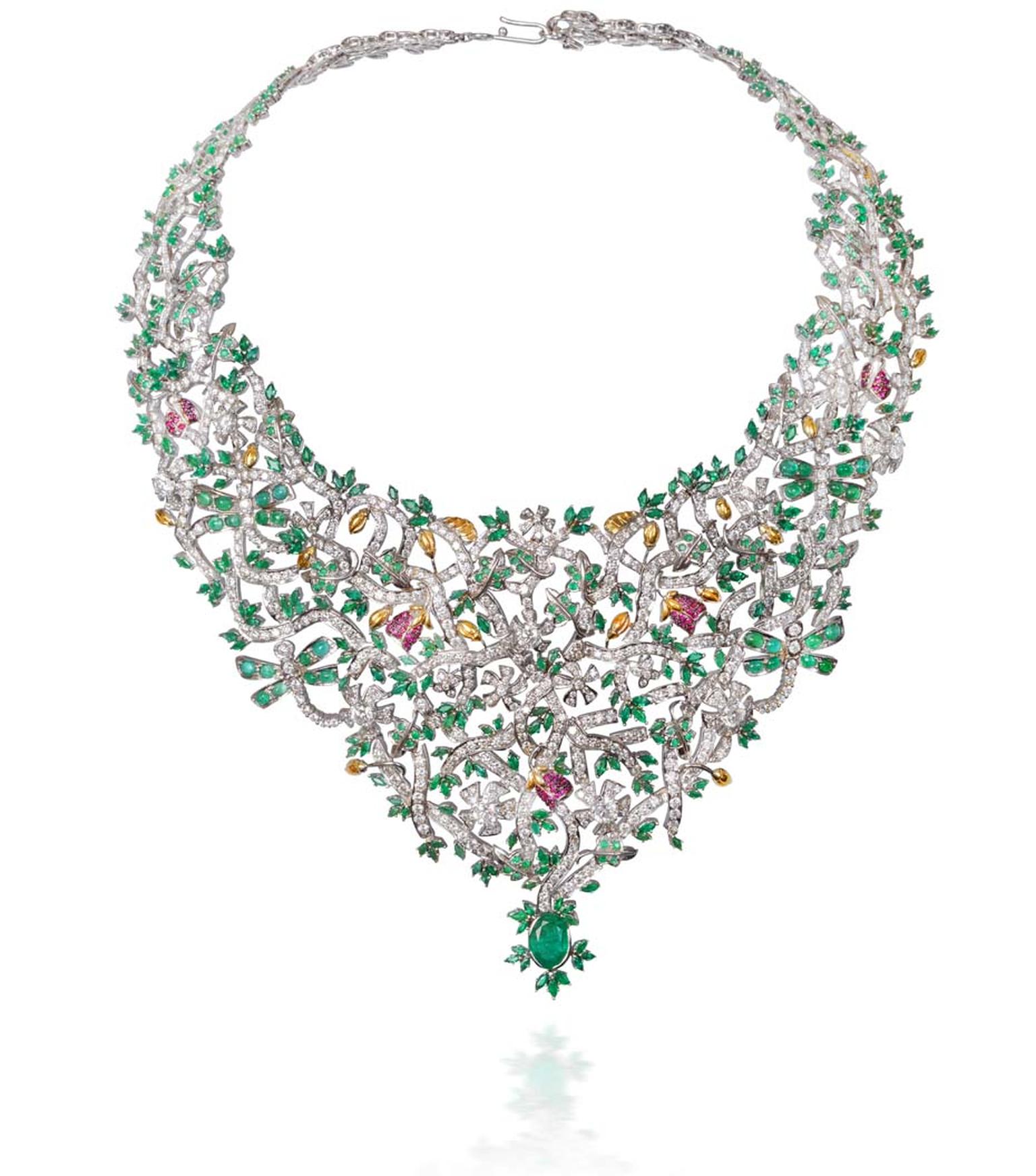 Lot 1, a necklace by Abaran Jewellers crafted with diamonds, Gemfields emeralds and rubies and set in white gold (estimate: INR 3,900,000 - 4,700,000; $65,000 - 79,000)