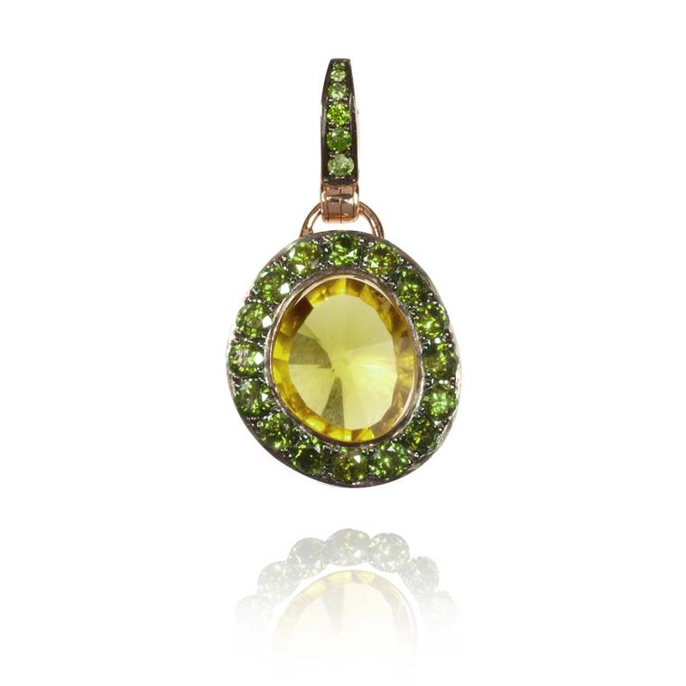 Annoushka Dusty Diamonds rose gold pendant with green diamonds and a centre olive quartz.