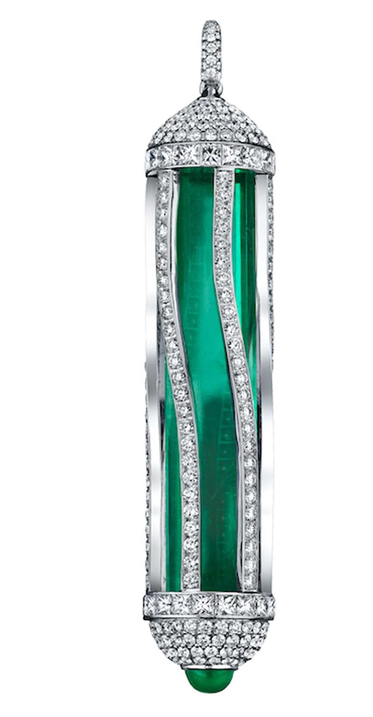 The 25.33ct emerald in Robert Procop's "African Kryptonite" pendant is Nigerian in origin and suspended in a capsule pendant lined with round diamonds