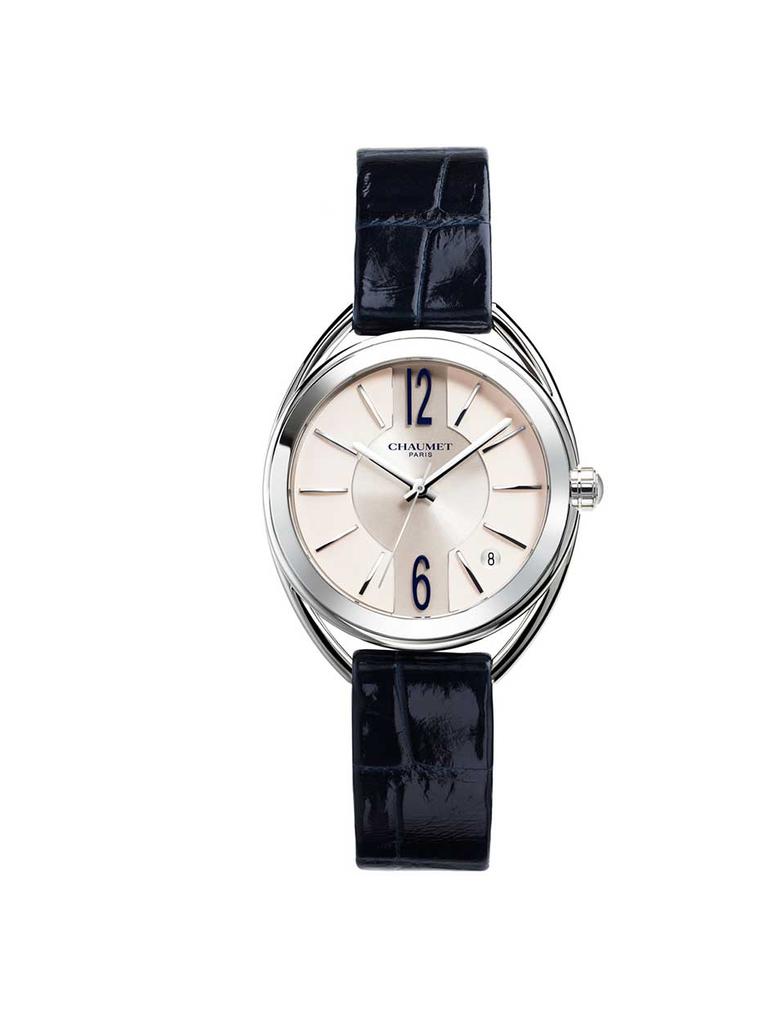 Chaumet Liens automatic watch with a steel case, white silvered sunray brushed dial and night blue alligator leather strap
