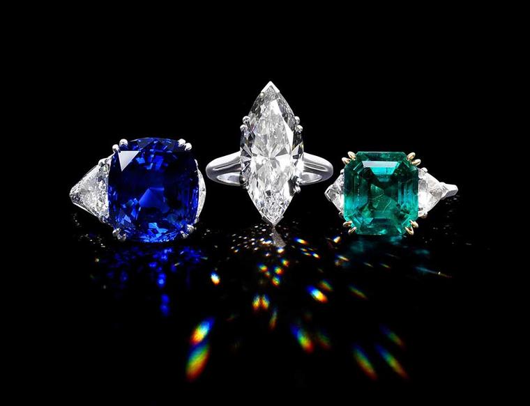 A trio of rings, including a marquise-cut diamond ring by Piaget, centre, with a combined high estimate of £750,000 are the stars of Bonhams' Fine Jewellery Sale in London on 30 April 2014