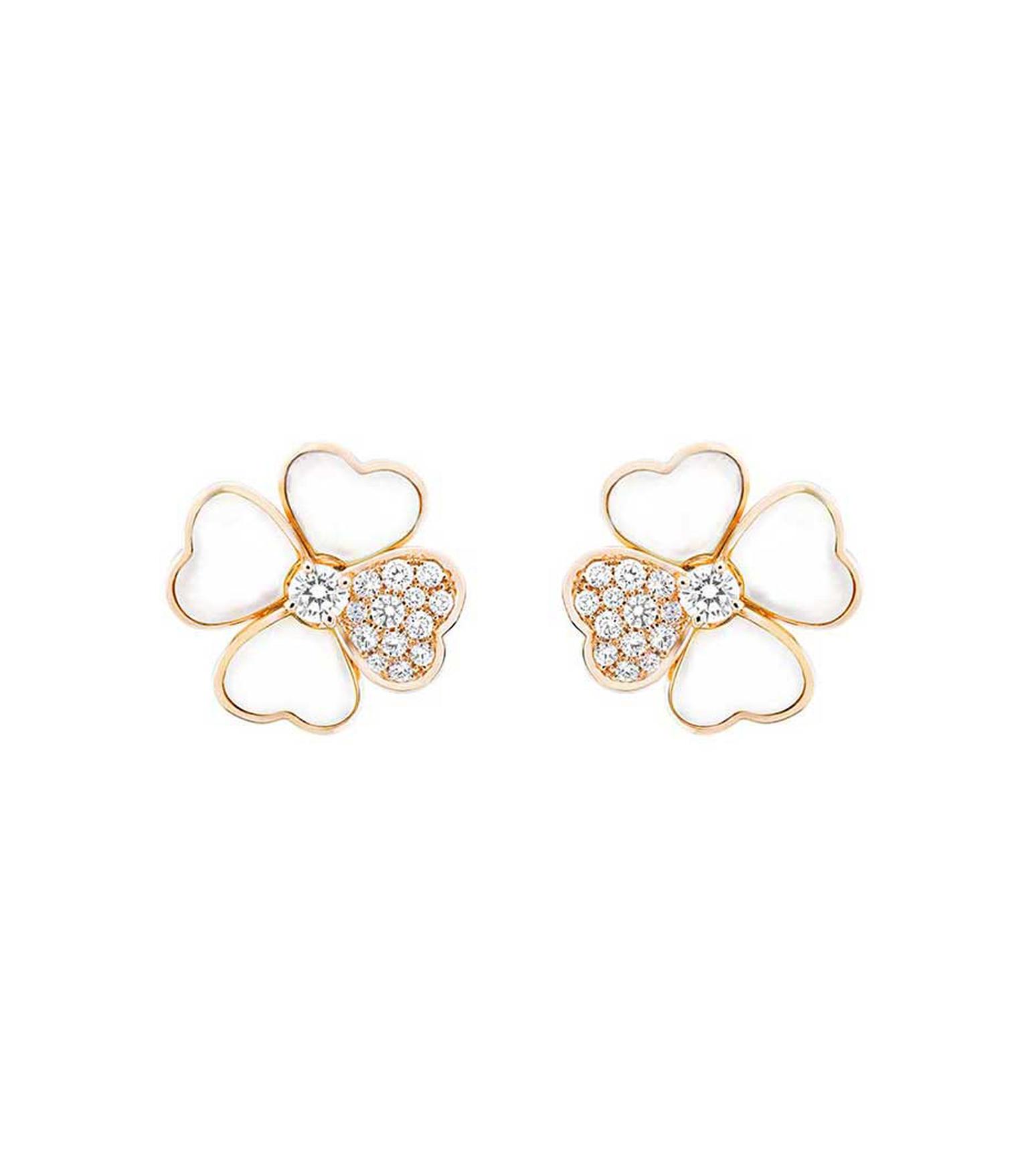 Van Cleef & Arpels Cosmos earrings in rose gold with brilliant-cut diamond buds surrounded by white mother-of-pearl and diamond petals