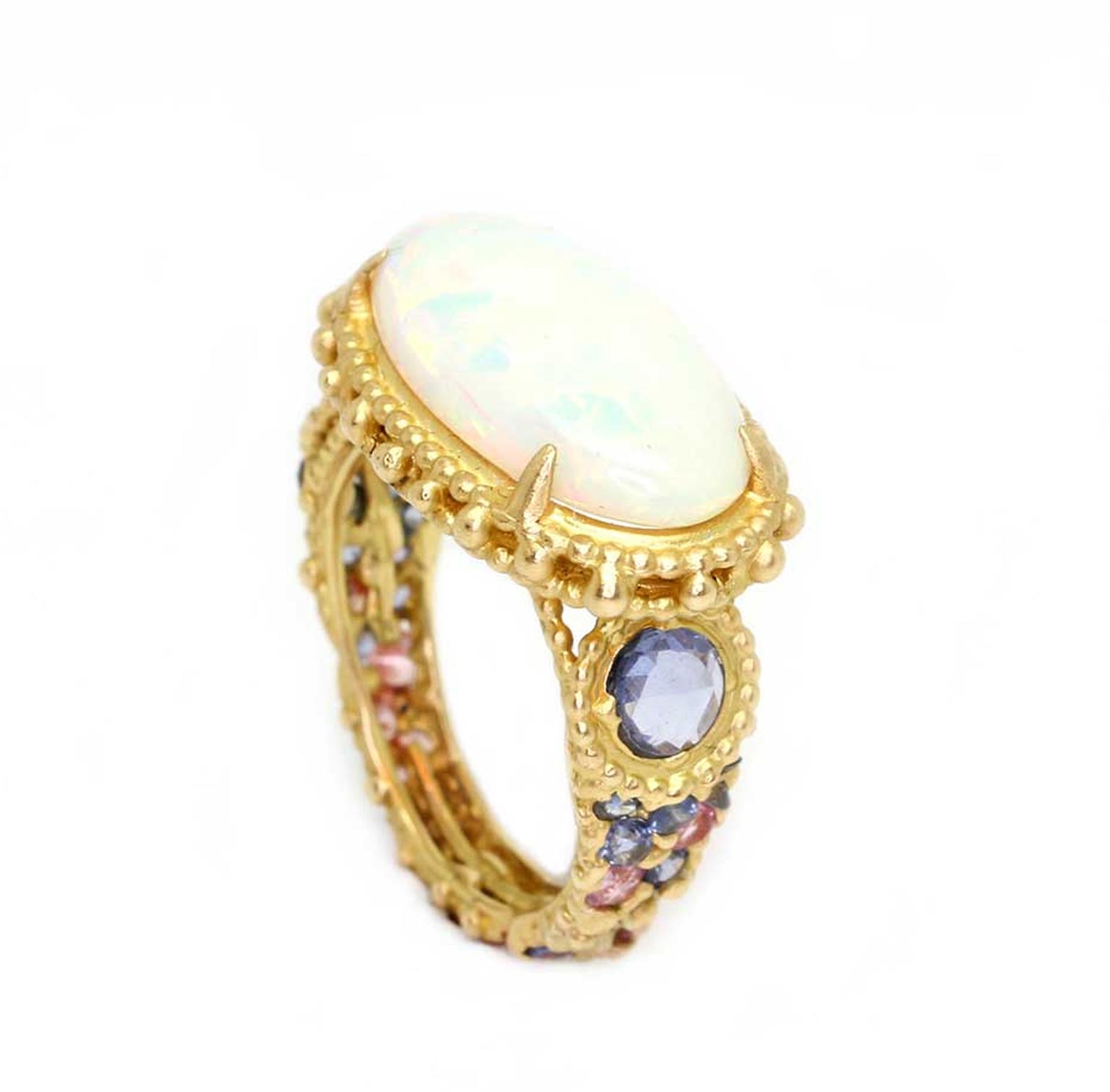 Polly Wales Ethiopian opal Rapunzel ring with sapphires in shades of lavender and pink (£POA).