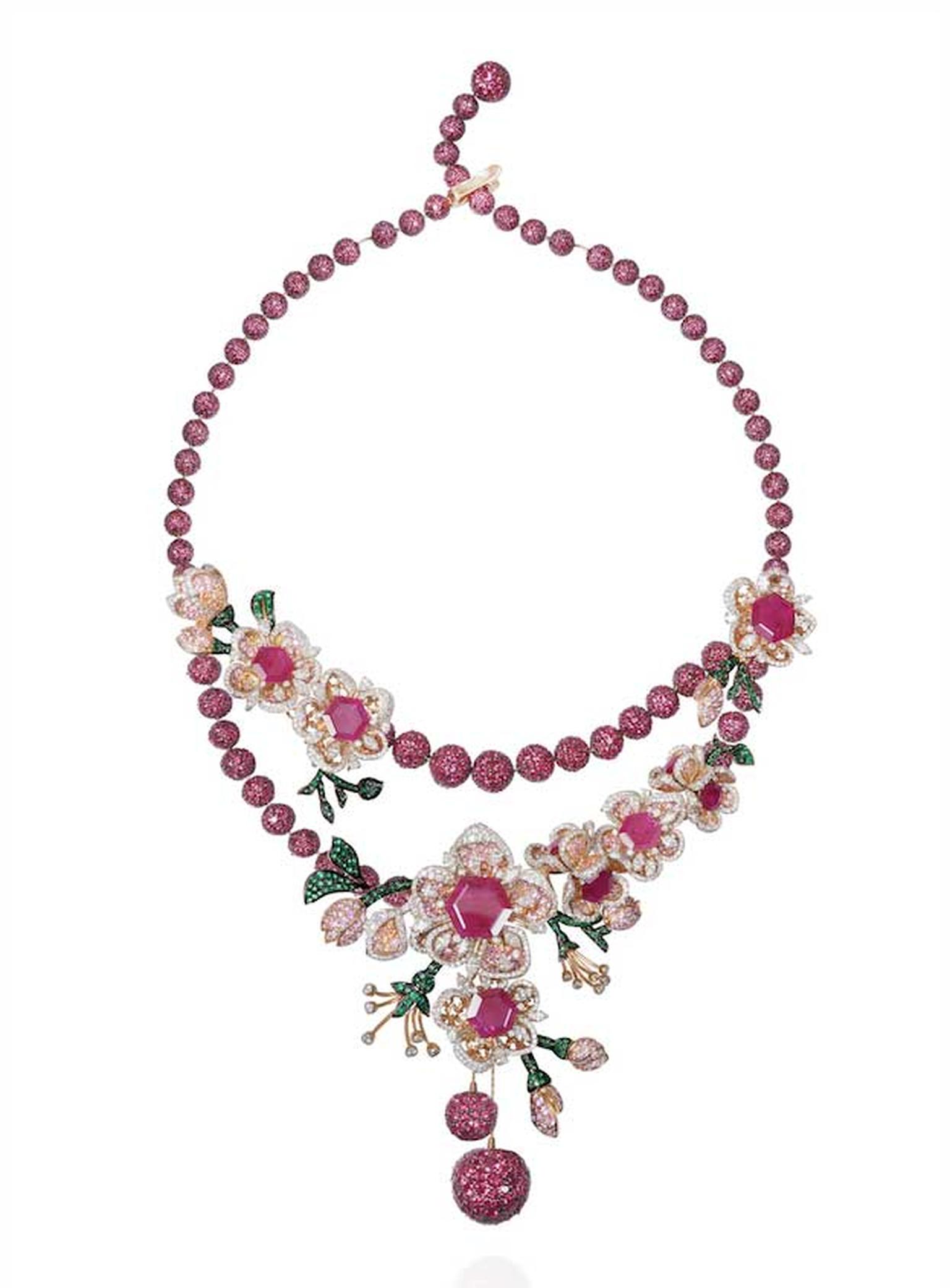 Lot 6, a Gemfields Mozambican ruby, Gemfields Zambian emerald, diamond, pink sapphire and orange sapphire necklace by Mirari, to be auctioned as part of a suite (estimate: INR 3,600,000 - 4,350,000; $60,000 - 73,000)