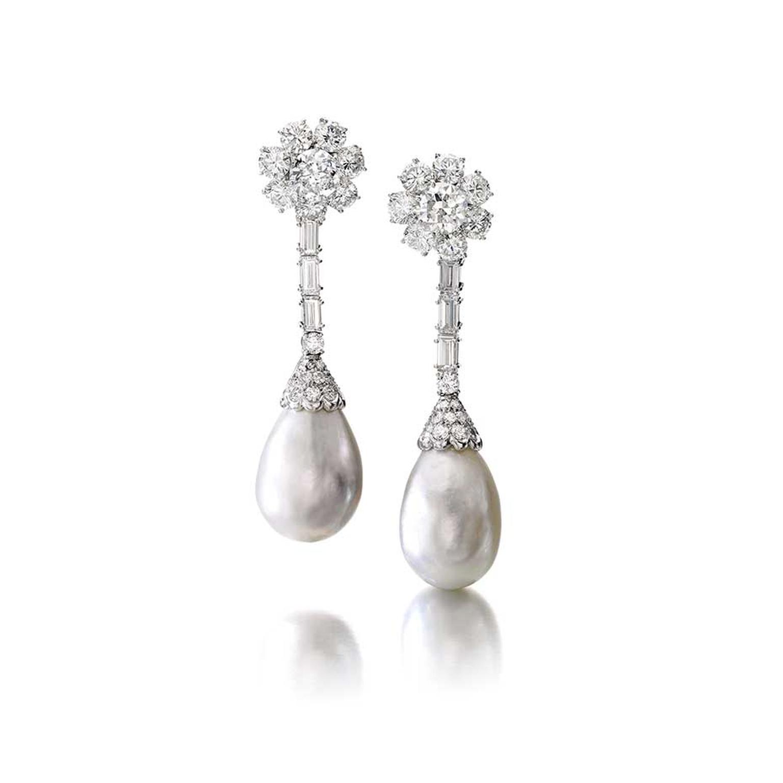 Pair of natural pearl and diamond pendant earrings (estimate: CHF 315,000 - 490,000/$355,522 - 553,034)