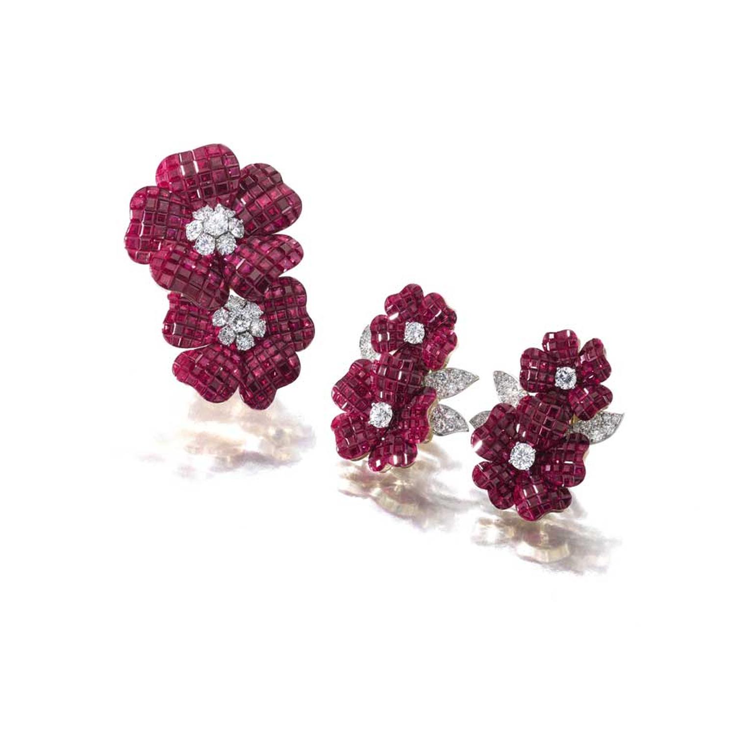 Van Cleef & Arpels ruby and diamond brooch and matching ear clips (brooch estimate: CHF 135,000 - 225,000/$150,000 - 250,000; ear clips estimate: CHF135,000 - 225,000/$150,000 - 250,000)