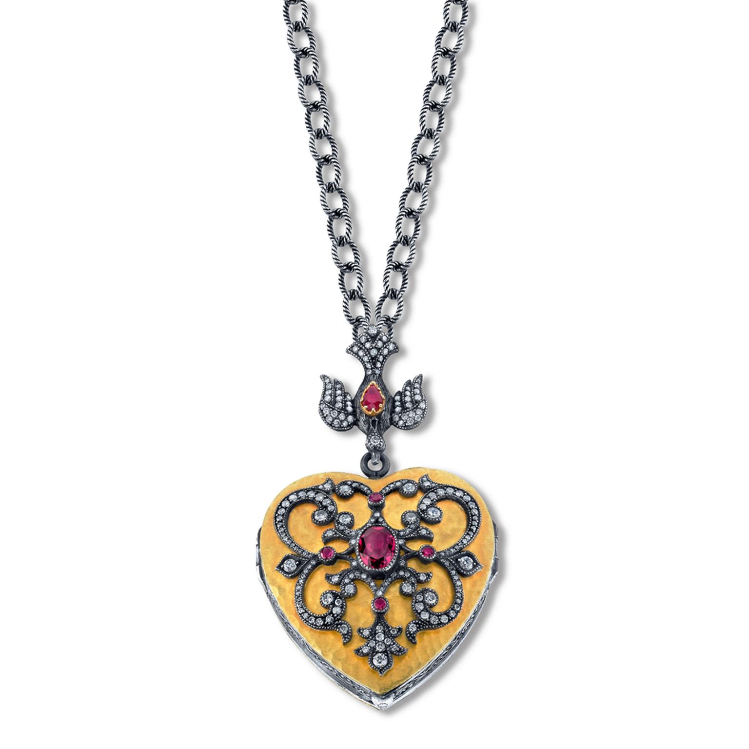 Arman Sarkisyan Heart locket with rubellites, diamonds and oxidised silver