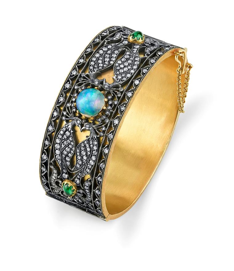 Arman Sarkisyan gold Peacock cuff with opal and oxidised silver
