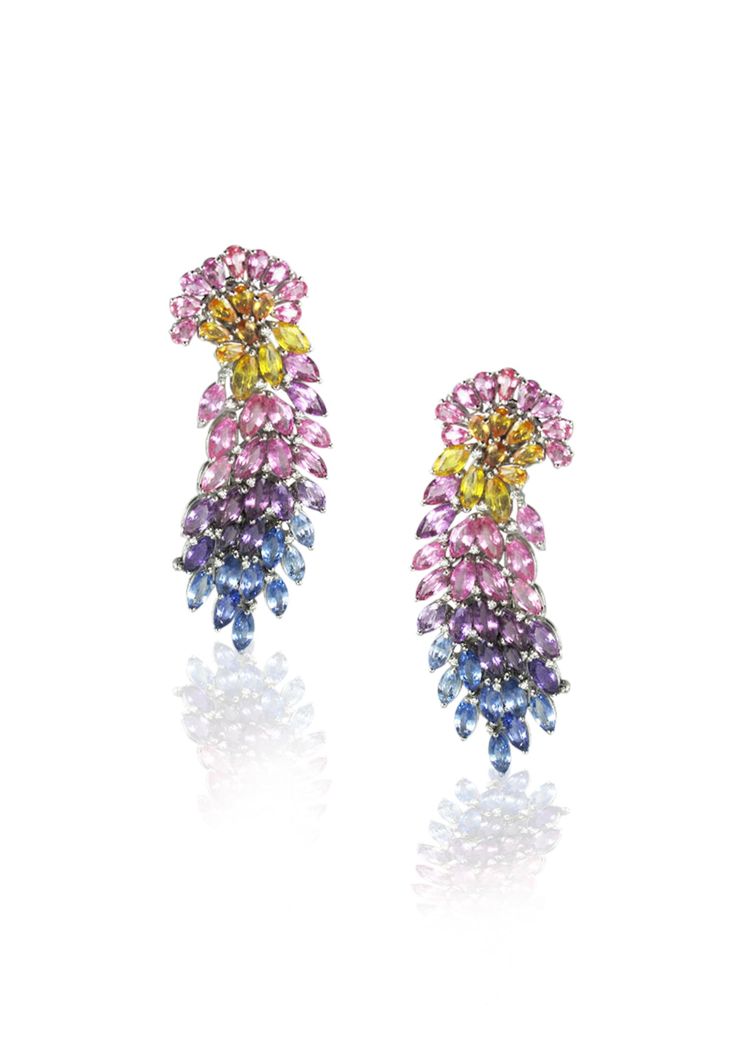 Mirari white gold Waterfall earrings featuring multi-coloured sapphires and white diamonds.