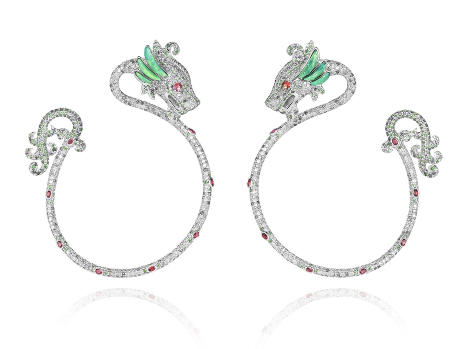 Harumi for Chopard Dragon earrings with rubies, diamonds, emeralds and turquoise