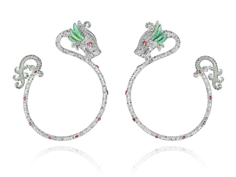 Harumi for Chopard Dragon earrings with rubies, diamonds, emeralds and turquoise