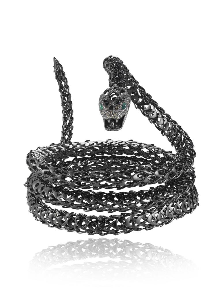 The Harumi for Chopard Mamba snake in blackened gold can be worn as a belt, bracelet, necklace or headpiece