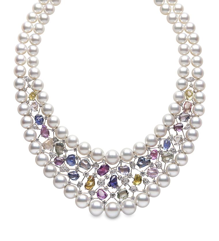 Yoko London white gold Aurora necklace from the Masterpiece collection featuring Australian South Sea pearls, multi-coloured sapphires and diamonds