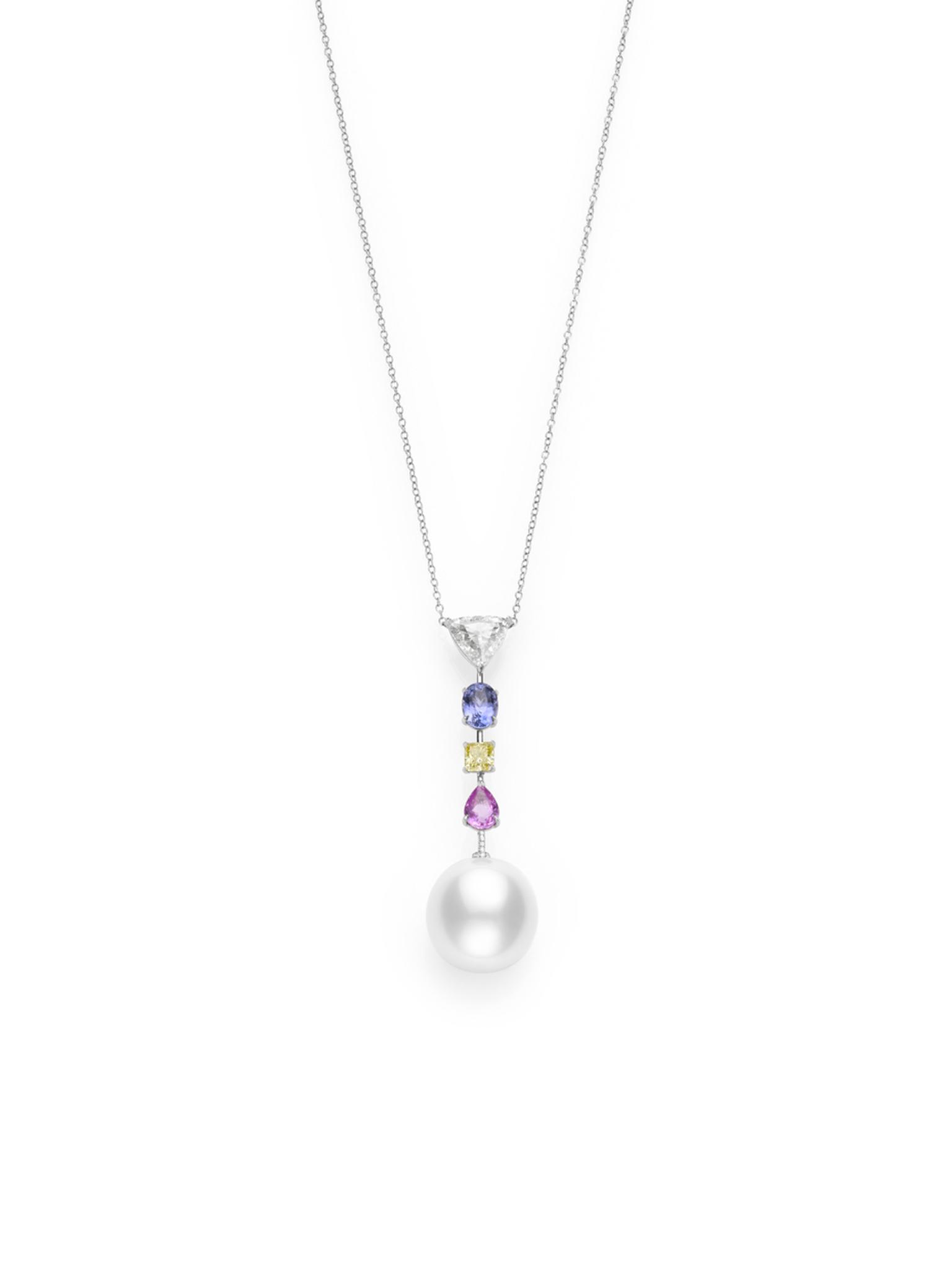 Mikimoto Color Prestige collection necklace featuring a sapphire, yellow diamond and pink spinel leading to a single South Sea cultured pearl