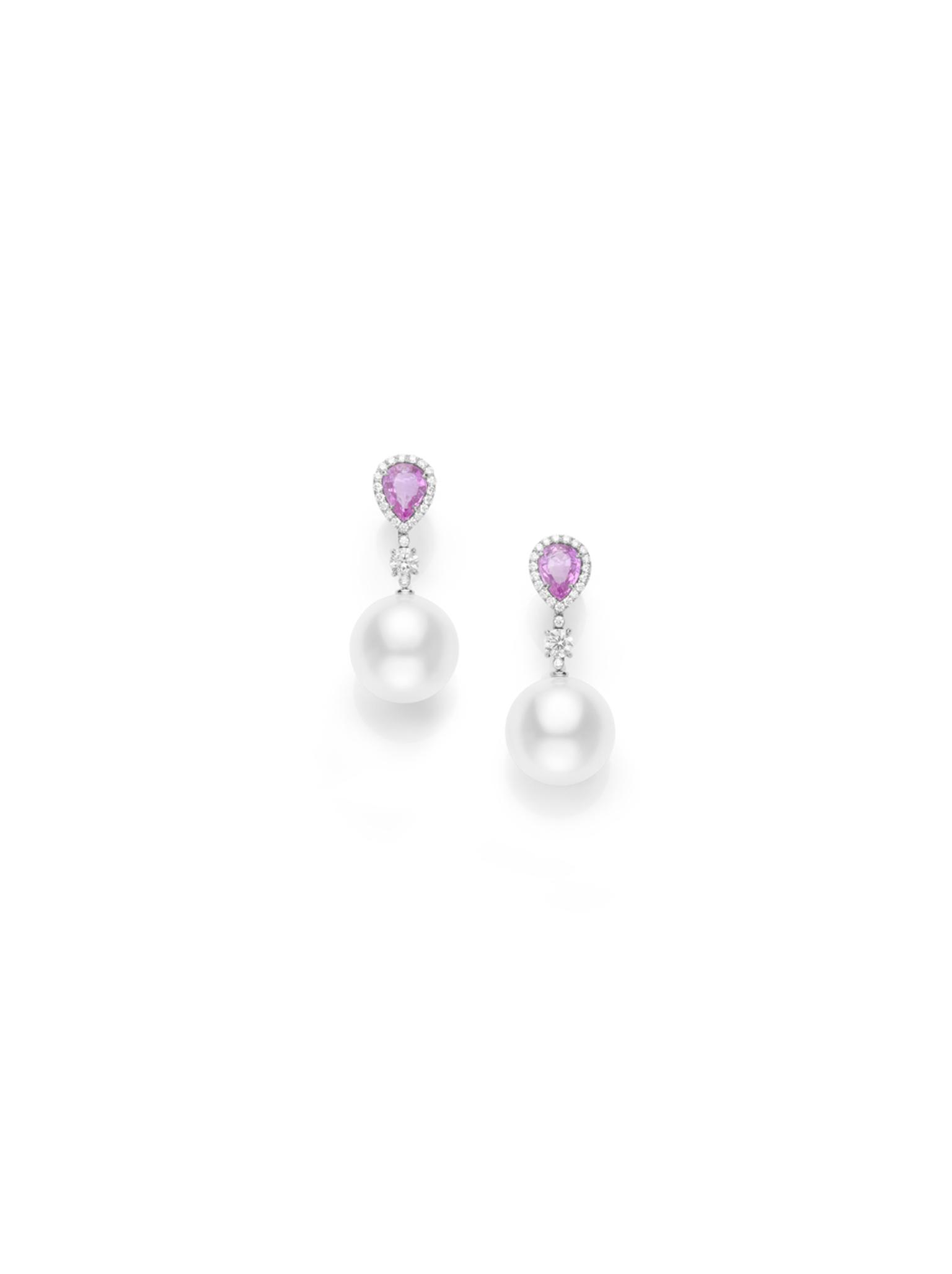 Mikimoto Color Prestige collection earrings featuring a pair of pink sapphires and pearls connected by a trail of brilliant-cut diamonds.