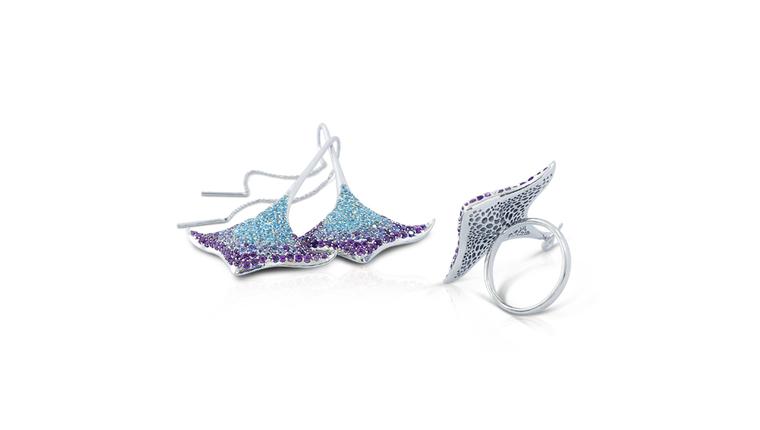 Phioro jewellery Aquaray earrings and ring with topaz, tanzanite and amethyst in white gold.