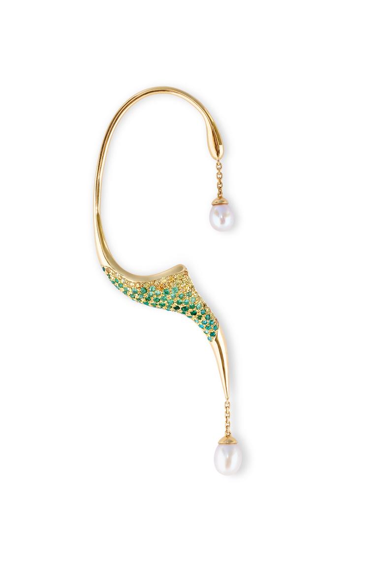 Phioro jewellery Aquaray earcuff with green peridot and yellow sapphires.