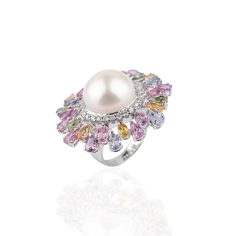 Mirari white gold ring with multi-coloured sapphires and white diamonds surrounding a freshwater pearl