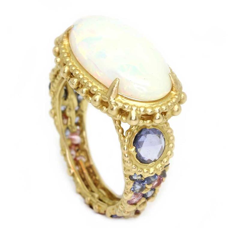 Polly Wales Ethiopian opal Rapunzel ring with sapphires in shades of lavender and pink (£POA)
