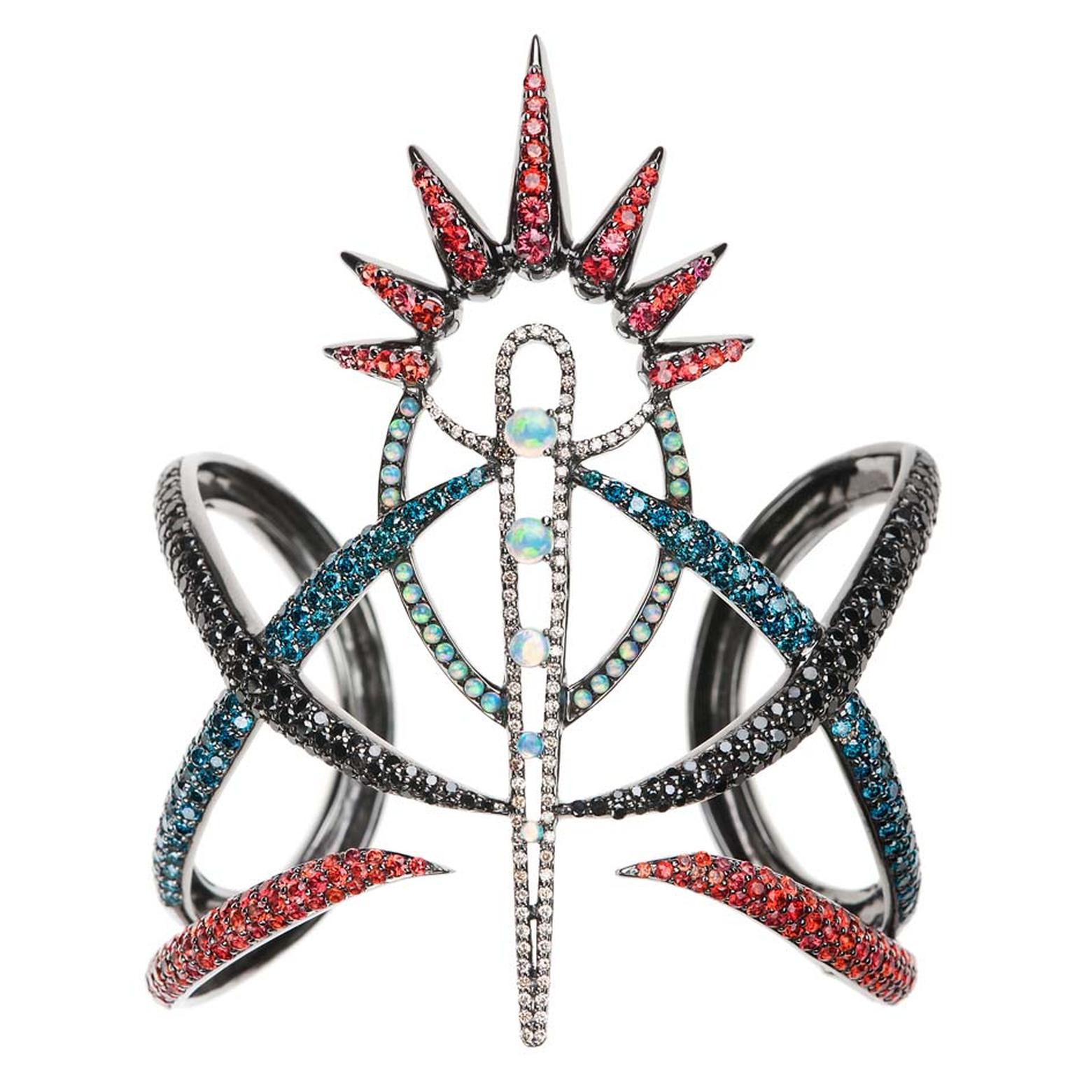 New to the Couture Show Las Vegas: Nikos Koulis' Spectrum cuff with brown diamonds, black diamonds, blue diamonds, orange sapphires and opals