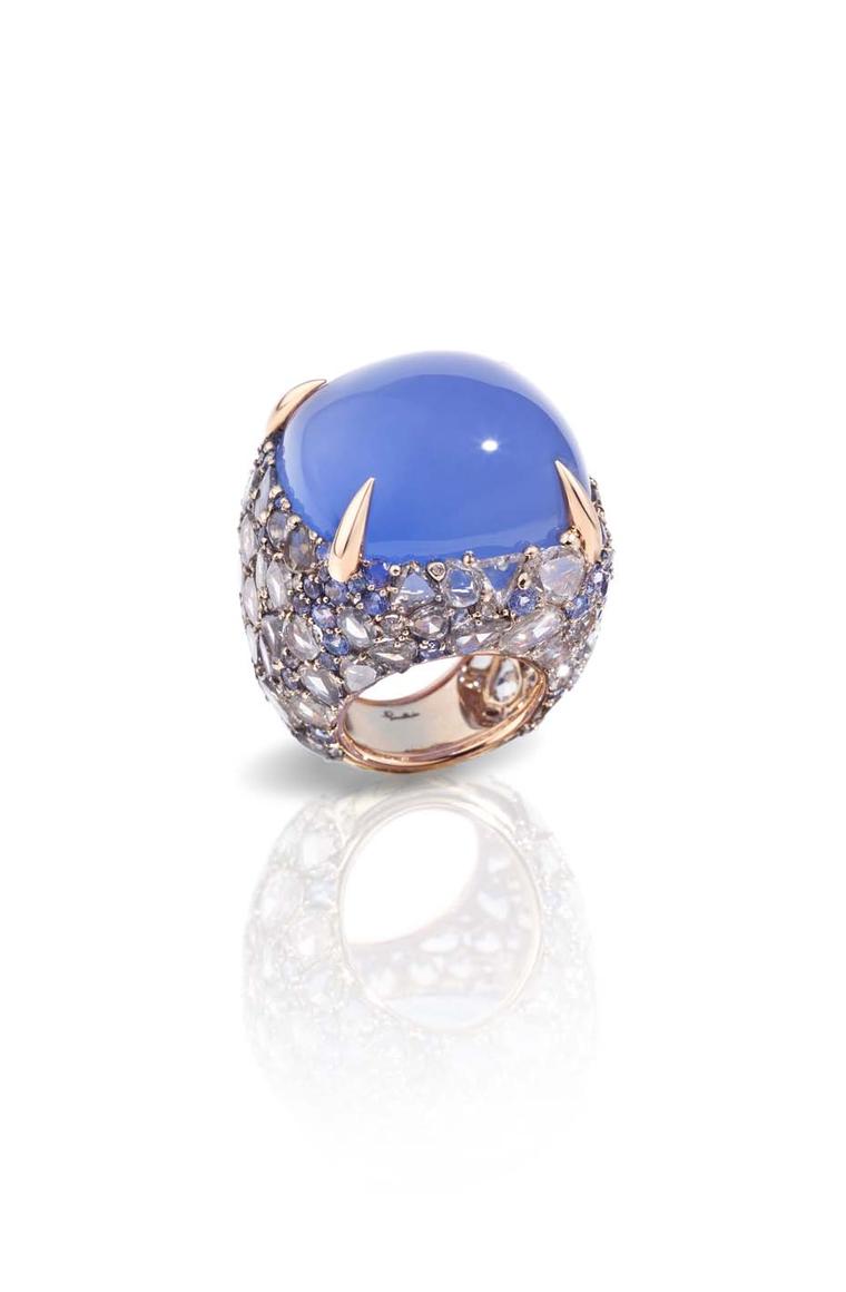 Pomellato Pom Pom griffe ring featuring a chalcedony surrounded by tanzanites and diamonds.