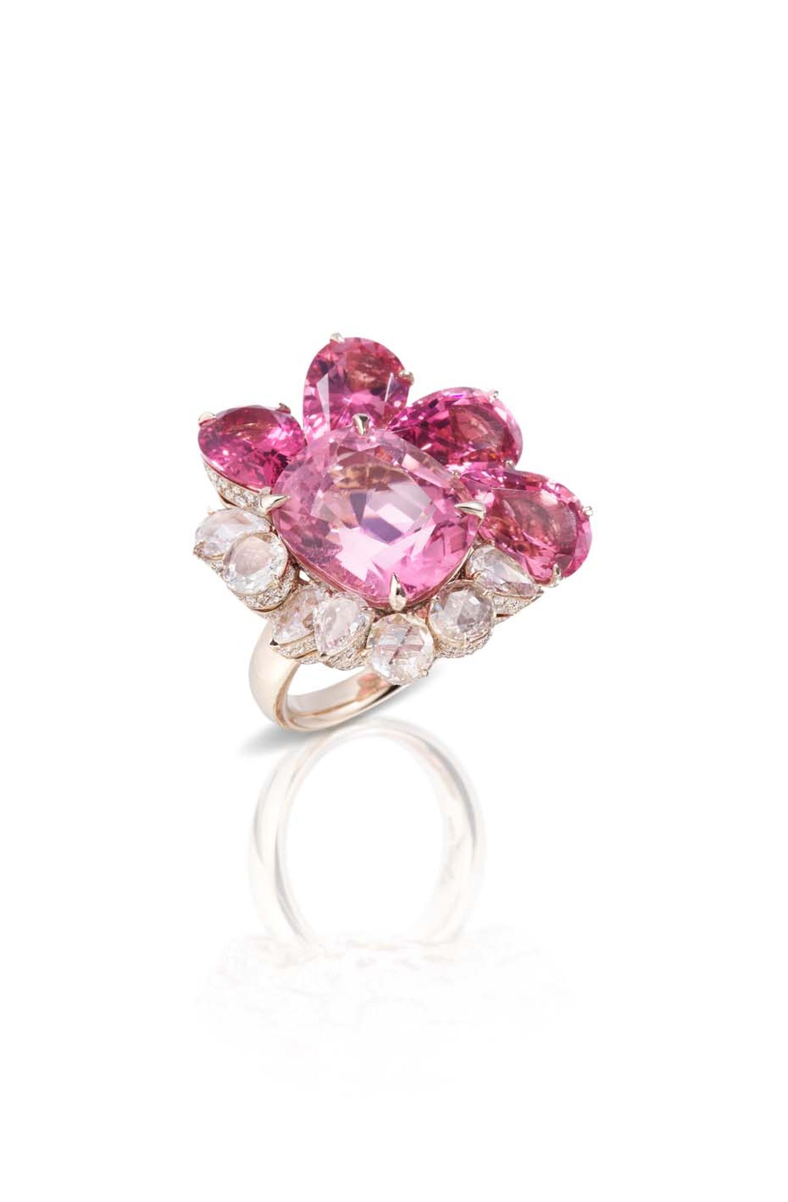 Pomellato Pom Pom ring featuring pink tourmalines and diamonds.