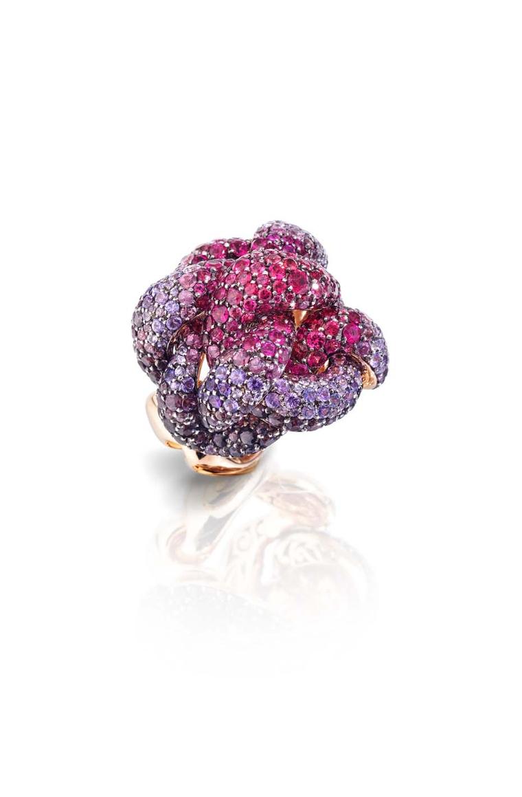 Pomellato Pom Pom ring with a pavé of spinels, tourmalines and sapphires arranged in an ombre sequence.