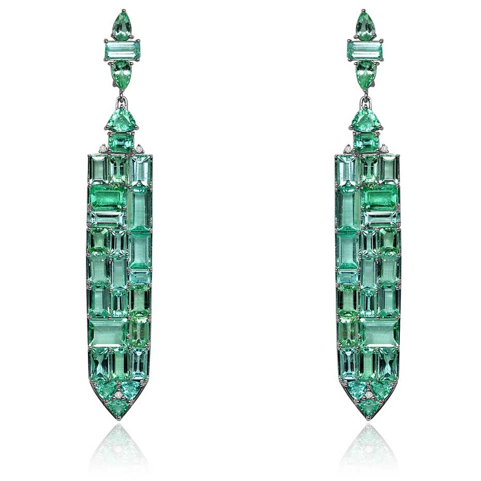 Sutra will be bringing plenty of neon-bright Paraiba tourmalines, including these 28.31ct Paraiba and diamond earrings (US$87,340), to the Couture Show Las Vegas