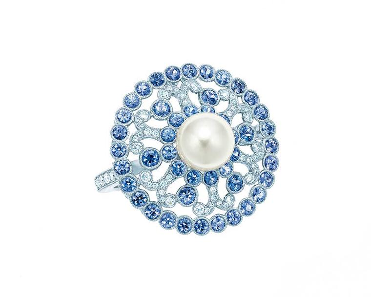 Tiffany & Co 2014 Blue Book collection ring with a central pearl surrounded by diamonds and sapphires