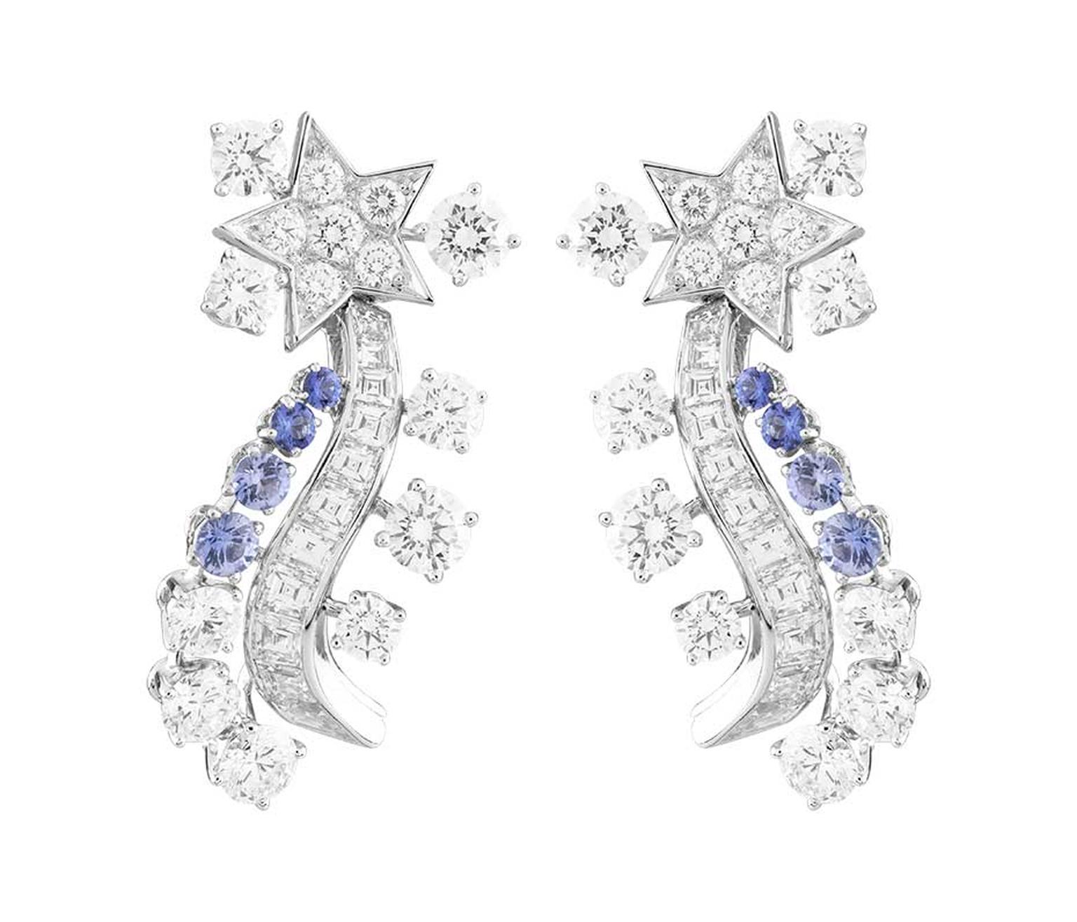 Worn by Kirsten Dunst to the 2014 Met Ball, the Van Cleef & Arpels Serenitatis earrings from the 'Voyages Extraordinaires' collection featuring diamonds and sapphires.