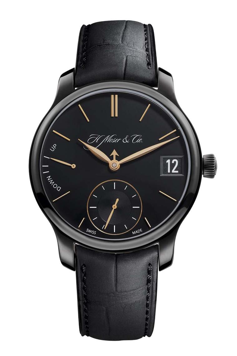 The date window, small seconds and 7-day power reserve functions are easy to spot on the H. Moser & Cie Perpetual Calendar Black Edition watch, whereas the month is ingeniously indicated by a little arrow-shaped hand and the leap-year indication appears o