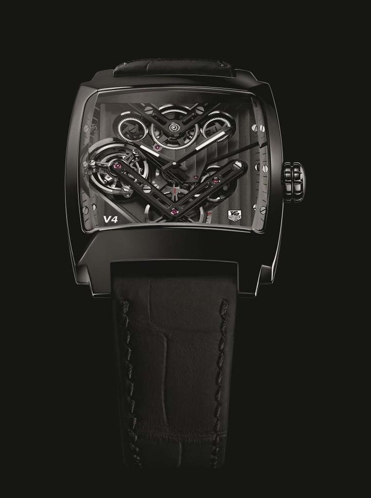 Tag Heuer's Monaco V4 Tourbillon features a V-shaped main plate, inspired by the design of a Formula One engine